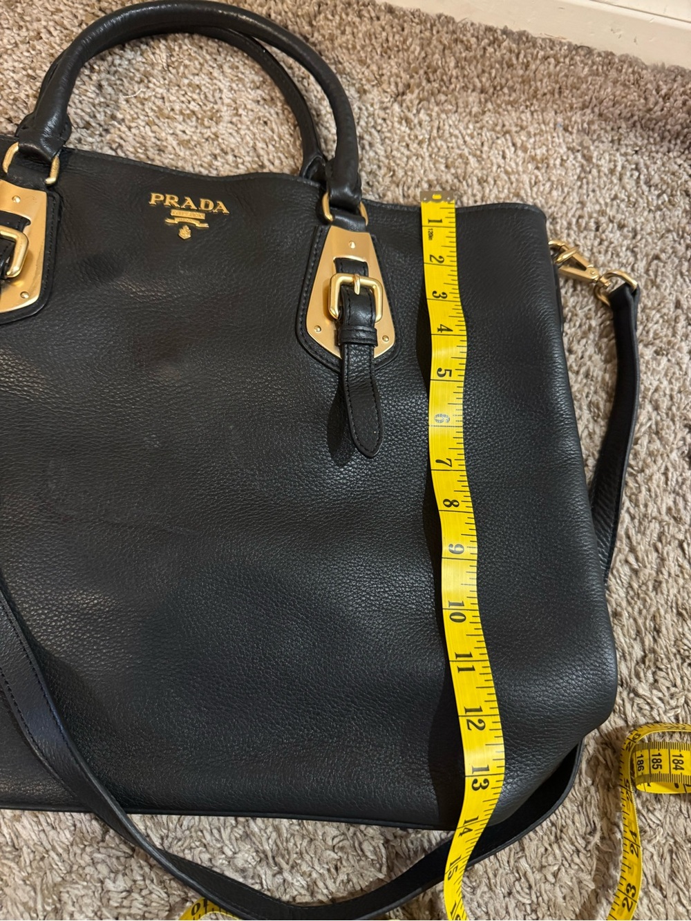 Prada Black Leather Tote with Gold-Tone Buckle Accents - Picture 6 of 12